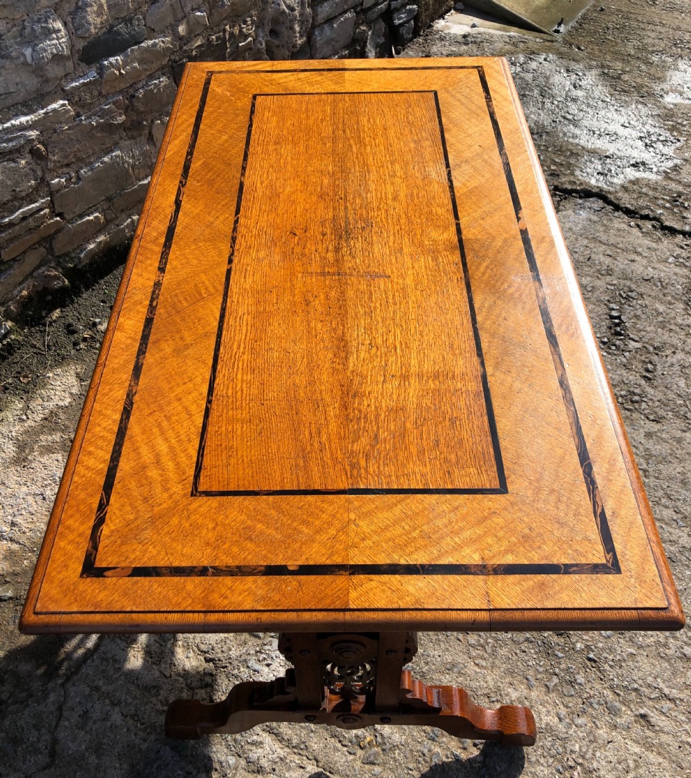 Victorian Gothic Revival Oak Library Table with Coromandel Inlay View X