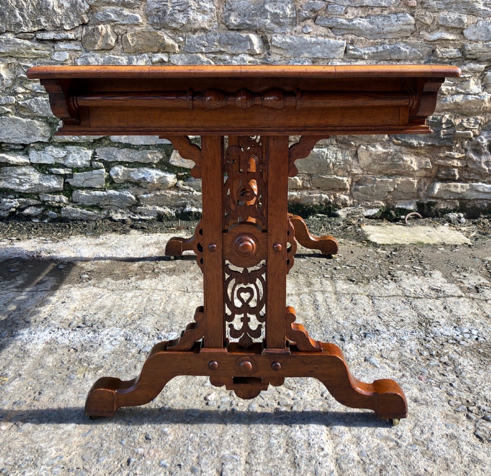 Victorian Gothic Revival Oak Library Table with Coromandel Inlay View XIV
