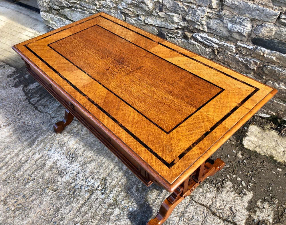Victorian Gothic Revival Oak Library Table with Coromandel Inlay View XV