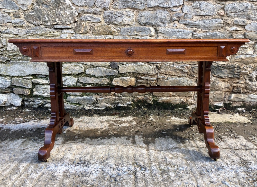 Victorian Gothic Revival Oak Library Table with Coromandel Inlay View XVI