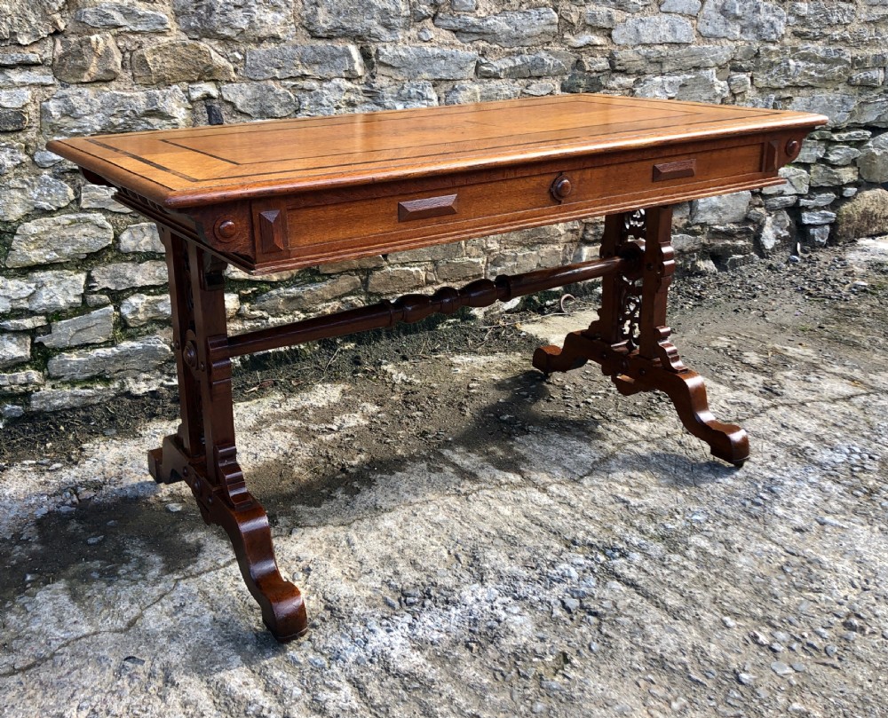 Victorian Gothic Revival Oak Library Table with Coromandel Inlay View XVII