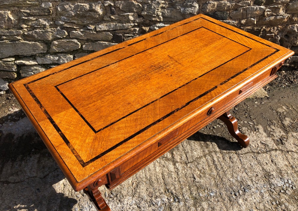 Victorian Gothic Revival Oak Library Table with Coromandel Inlay View XVIII
