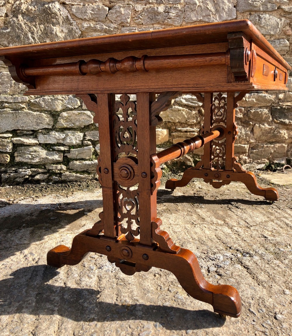 Victorian Gothic Revival Oak Library Table with Coromandel Inlay View XIX