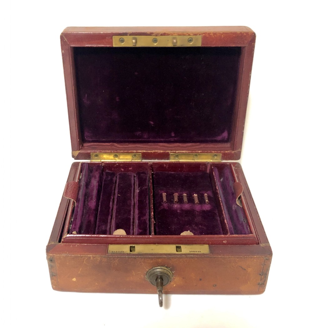 Antique Victorian Leather Fitted Jewellery Box with Bramah Lock