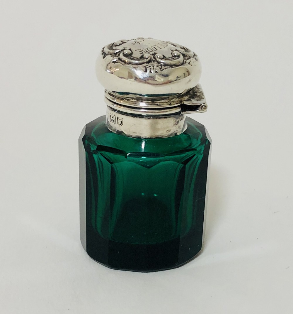 Antique Emerald Green Glass Scent Bottle with Silver Top