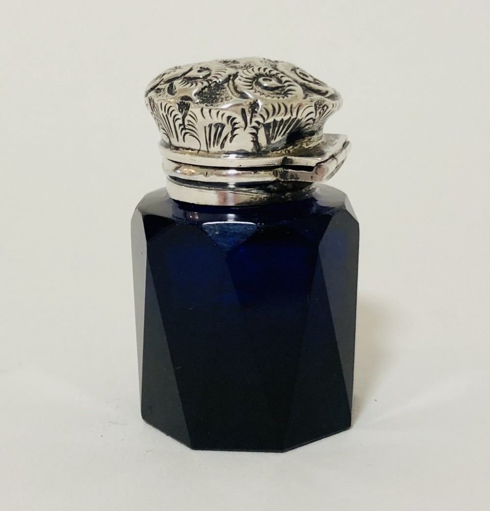 Victorian Blue Cut Glass Scent Bottle with Silver Top