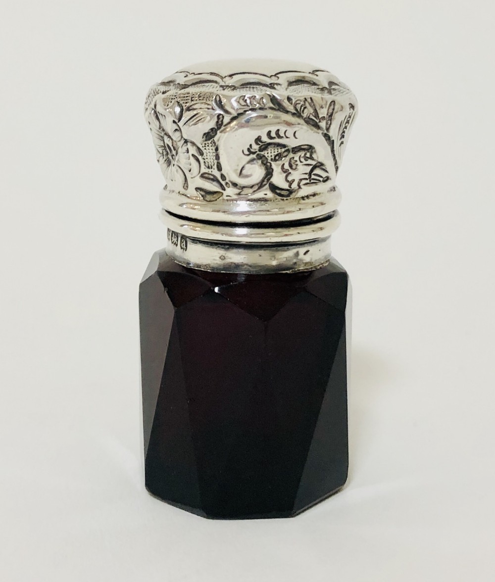 Victorian Ruby Red Cut Glass Scent Bottle with Silver Top