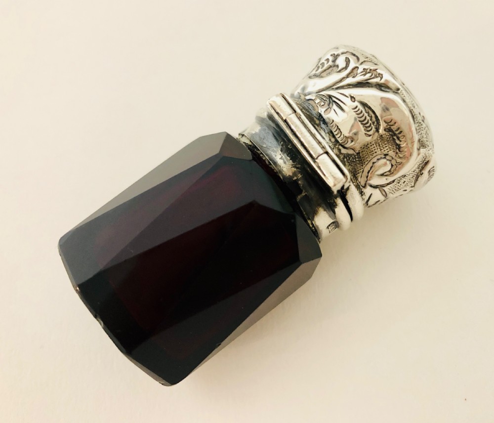 Victorian Ruby Red Cut Glass Scent Bottle with Silver Top View X