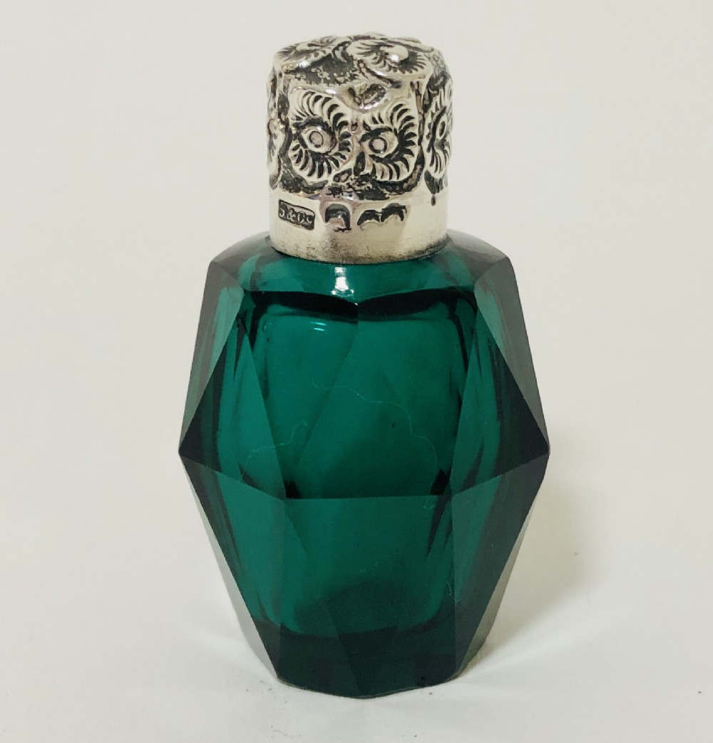 Antique Emerald Green Cut Glass Scent Bottle with Silver Top
