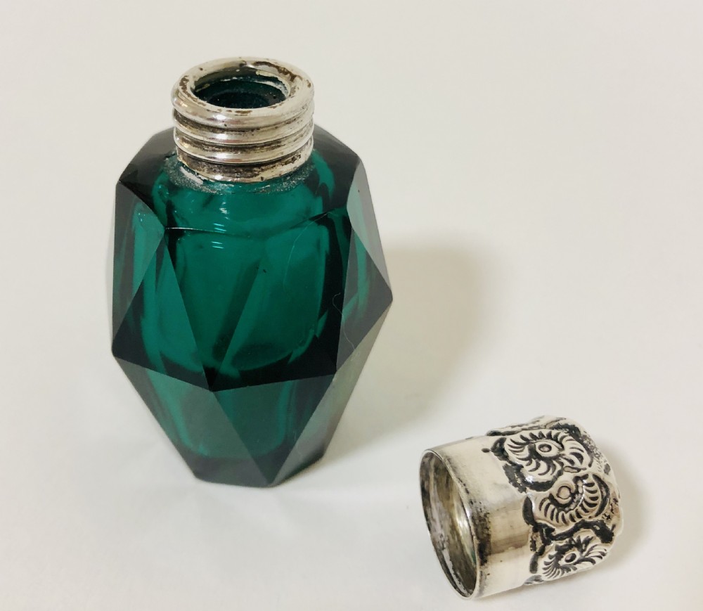 Antique Emerald Green Cut Glass Scent Bottle with Silver Top View VII