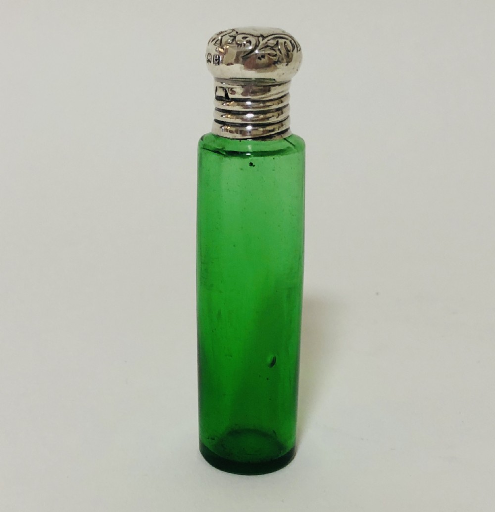 Antique Green Glass Scent Bottle with Solid Silver Top