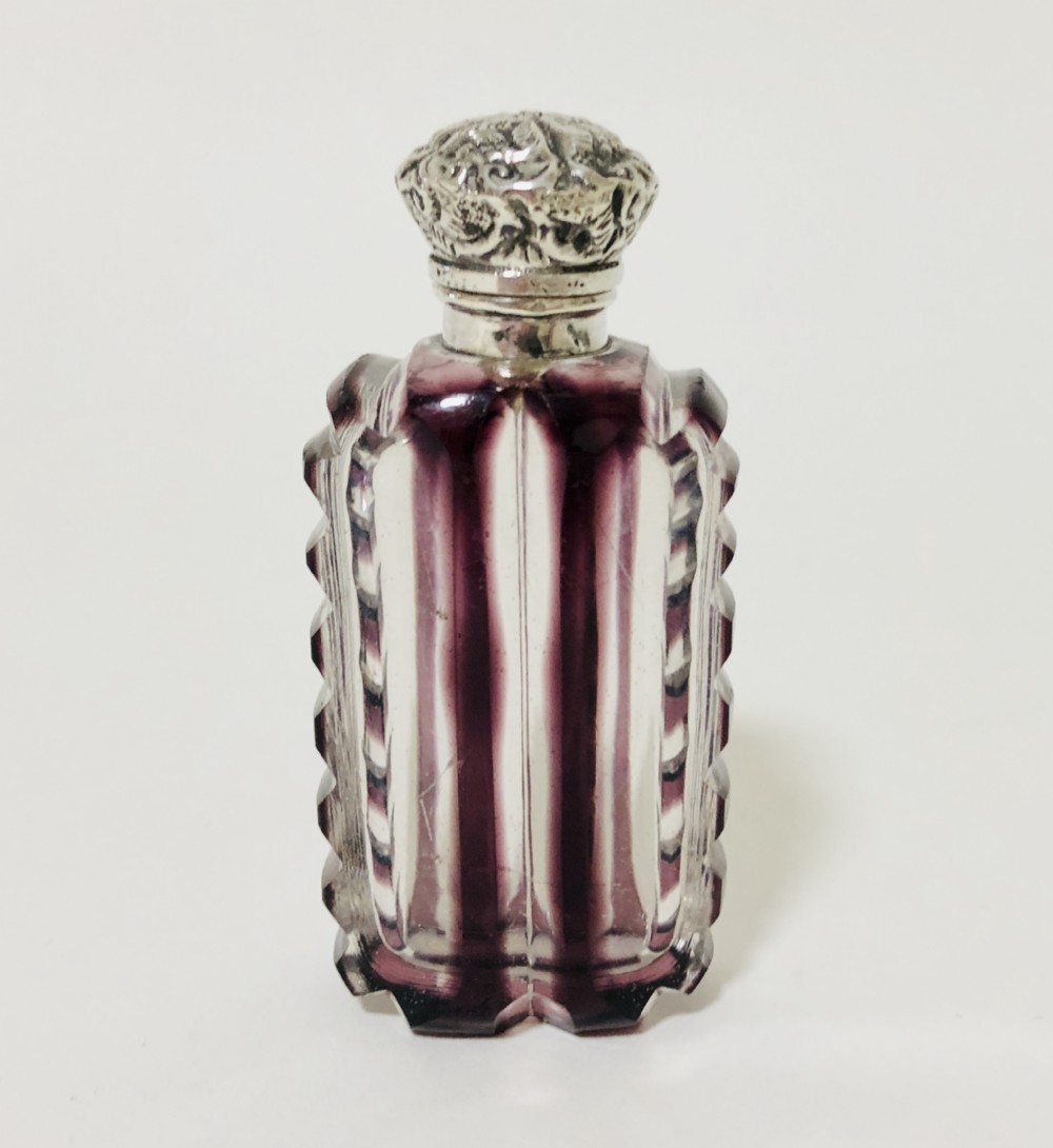 Antique Scent Bottle with Silver Top and Amethyst Purple Glass Overlay