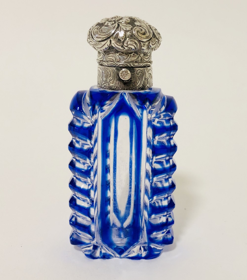 Antique Blue Glass Overlay Scent Bottle with Silver Top
