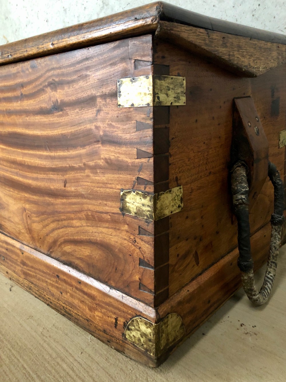 Antique Camphor Sea Chest with Rope Handles and Alarmed Lock View V