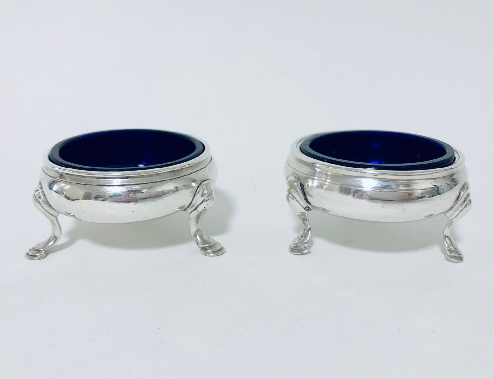Pair of Georgian Solid Silver Salt Cellars with Blue Glass Liners