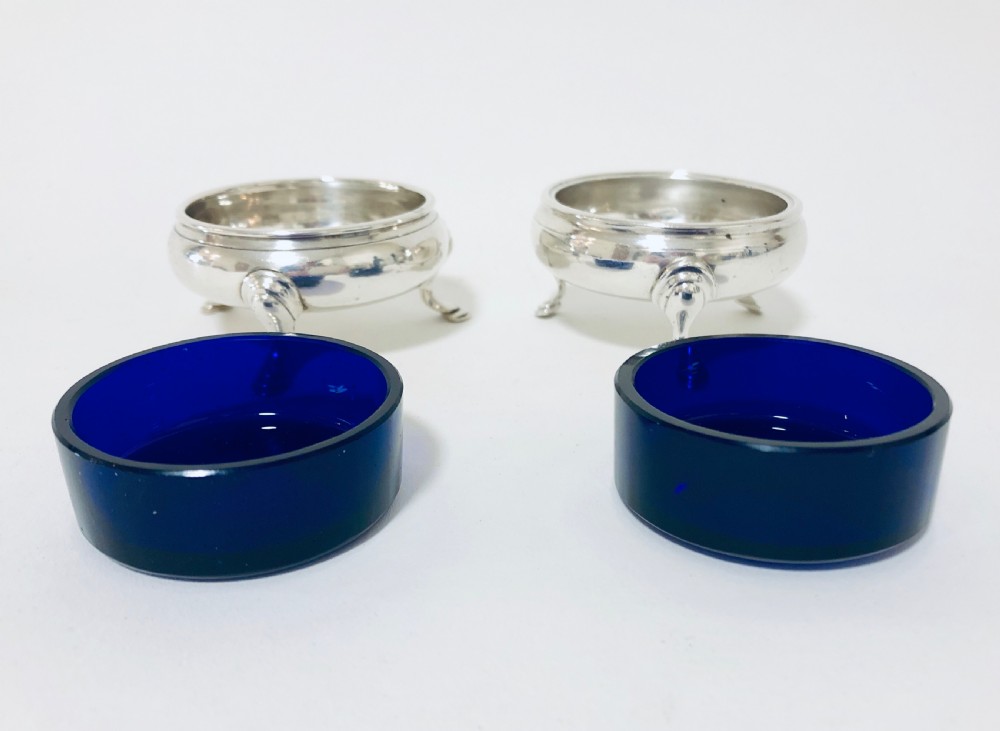 Pair of Georgian Solid Silver Salt Cellars with Blue Glass Liners View III