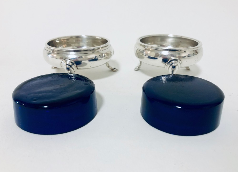 Pair of Georgian Solid Silver Salt Cellars with Blue Glass Liners View IV