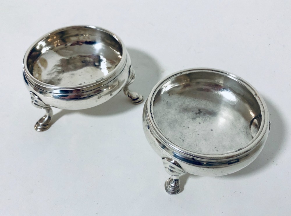 Pair of Georgian Solid Silver Salt Cellars with Blue Glass Liners View V