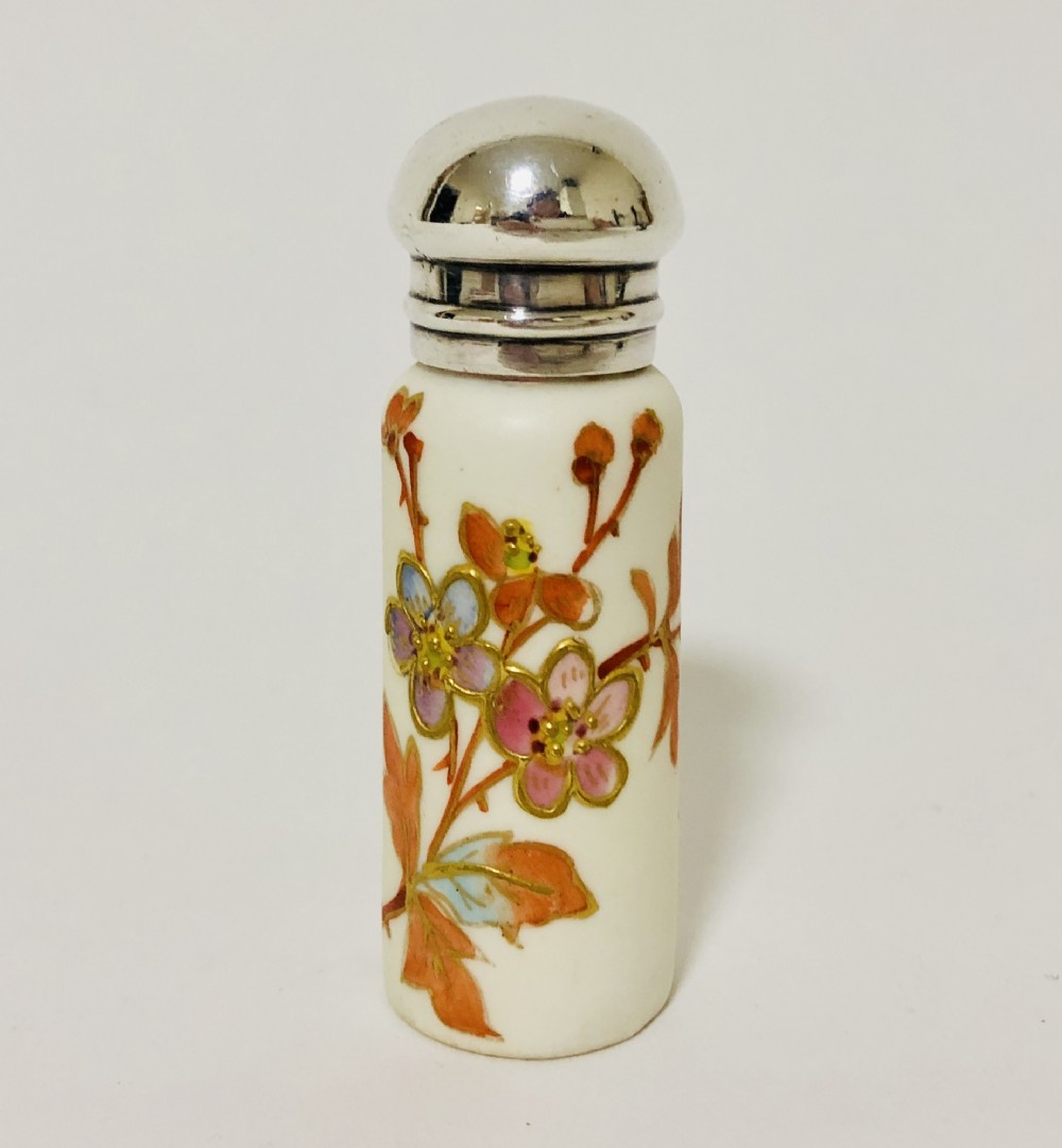 Victorian Porcelain Painted Scent Bottle with Solid Silver Top