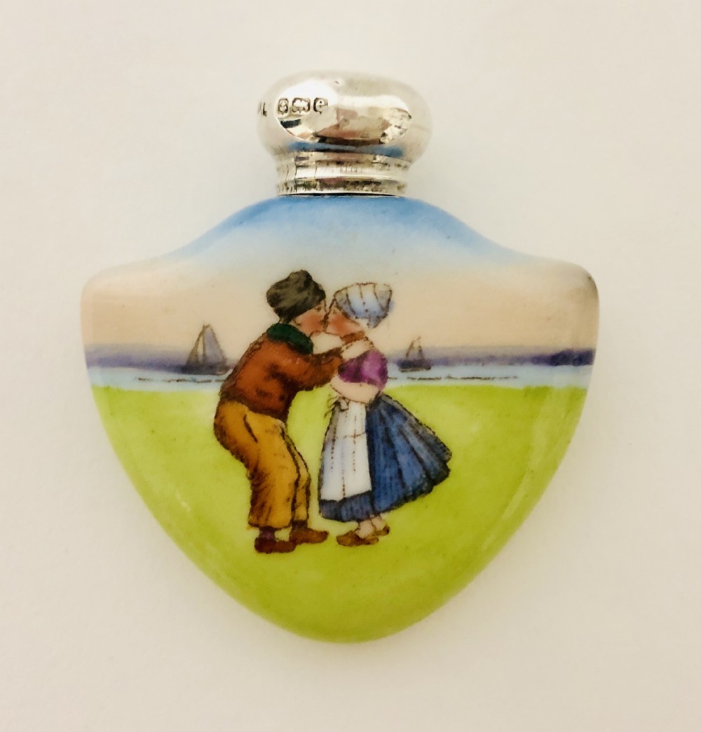 Antique Porcelain Dutch Scene Scent Bottle with Solid Silver Top 
