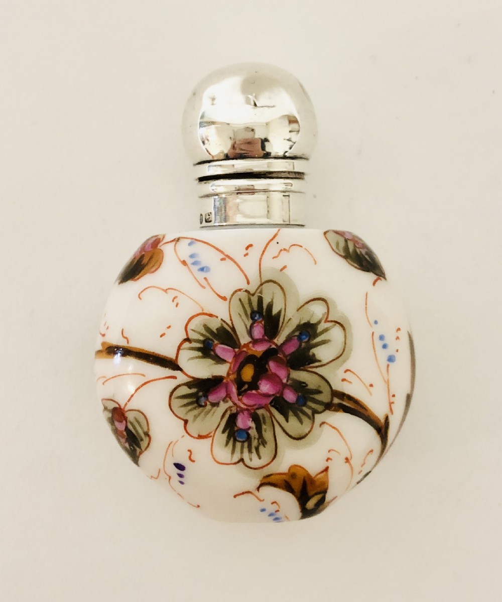 Victorian Painted Porcelain Scent Bottle with Solid Silver Top