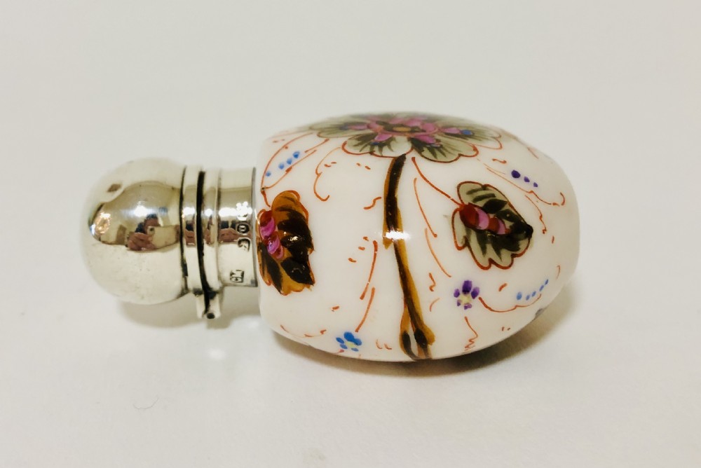 Victorian Painted Porcelain Scent Bottle with Solid Silver Top View V