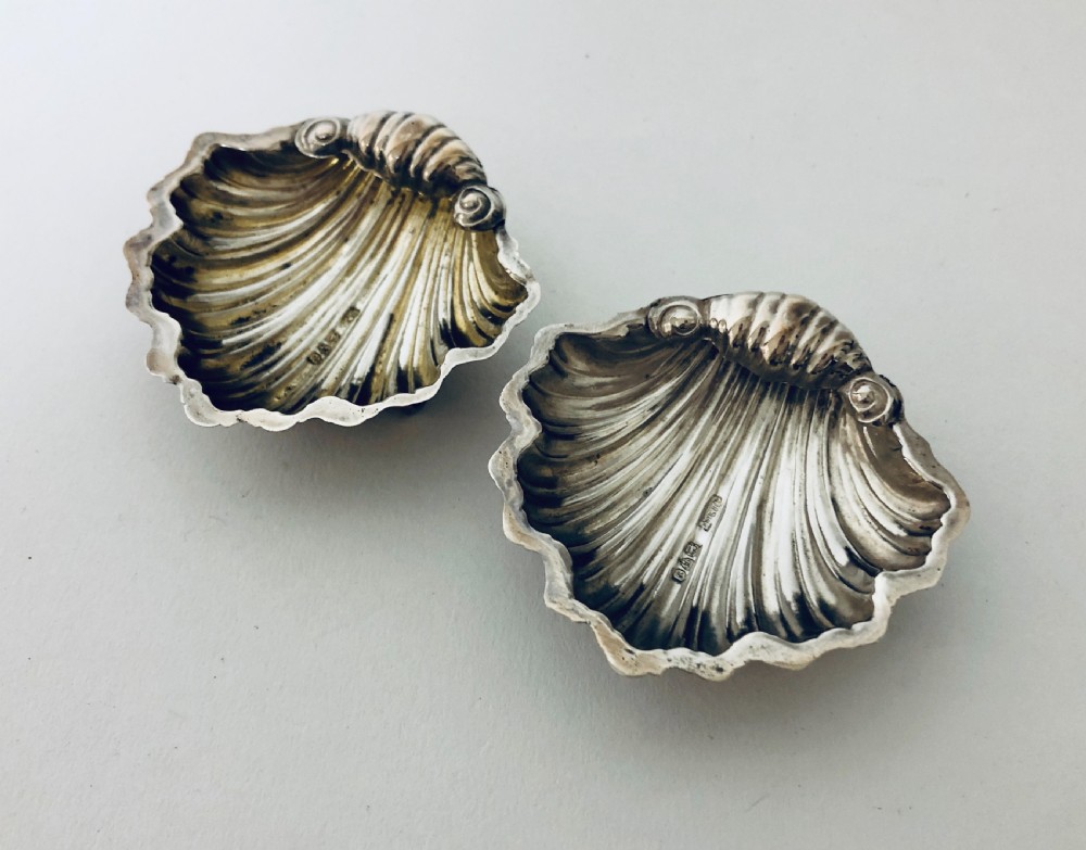 Pair of Solid Sterling Silver Shell Salt Dishes and Spoons in Original Box View XIV
