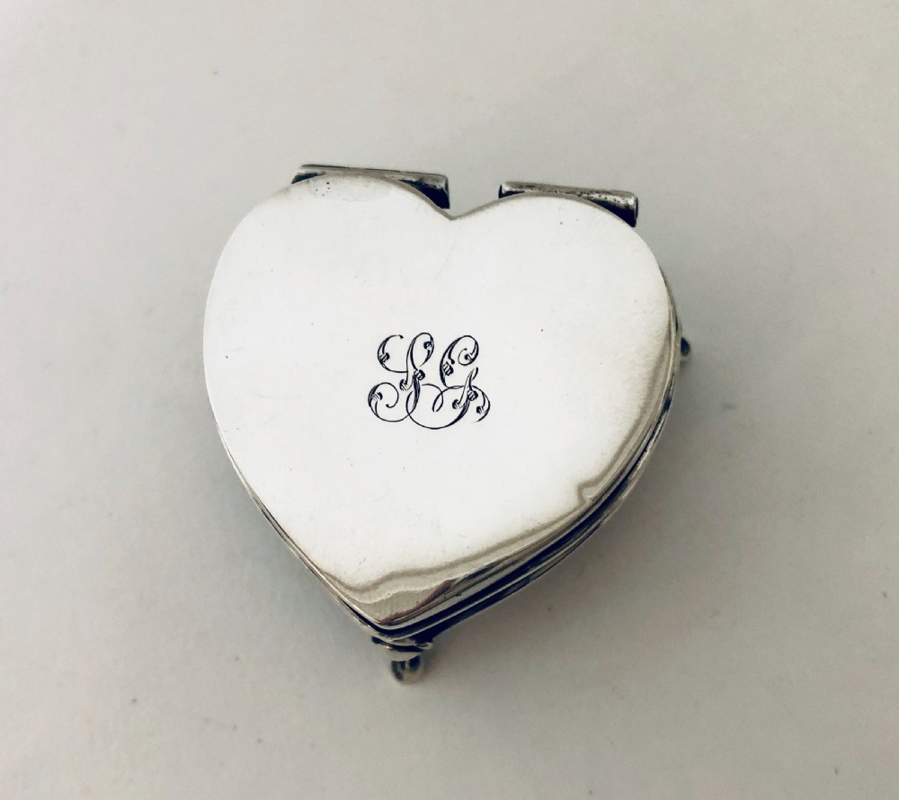 Edwardian Solid Silver Heart Shaped Ring or Pill Box View V