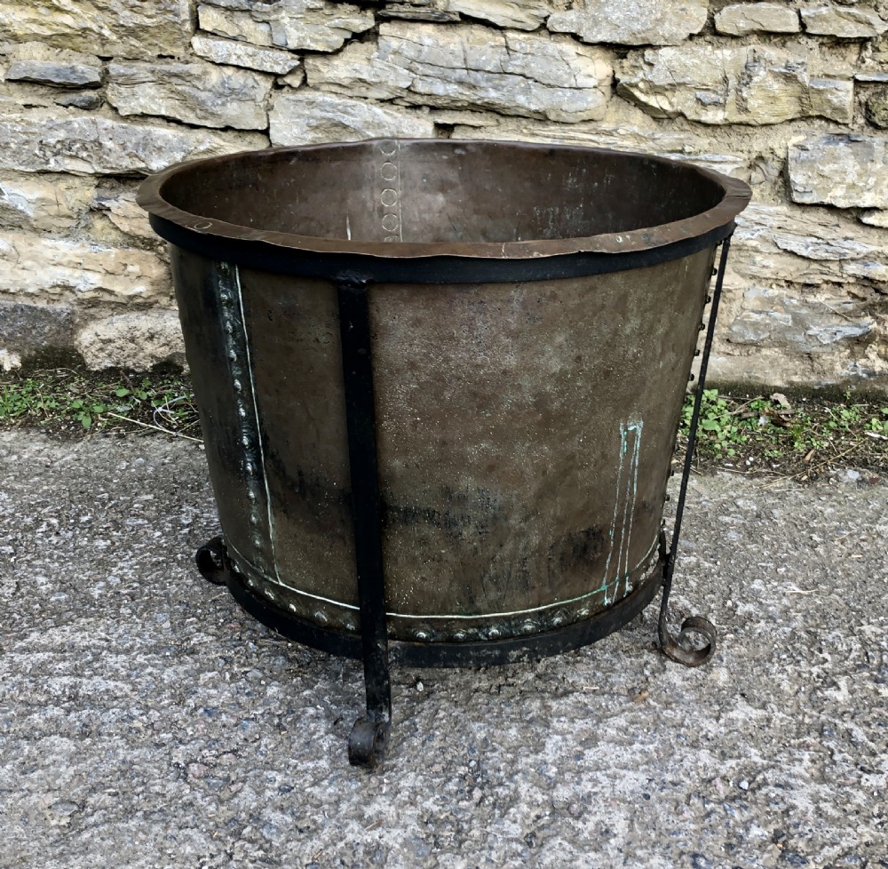 Large Antique Riveted Copper Boiler in Metal Stand View II