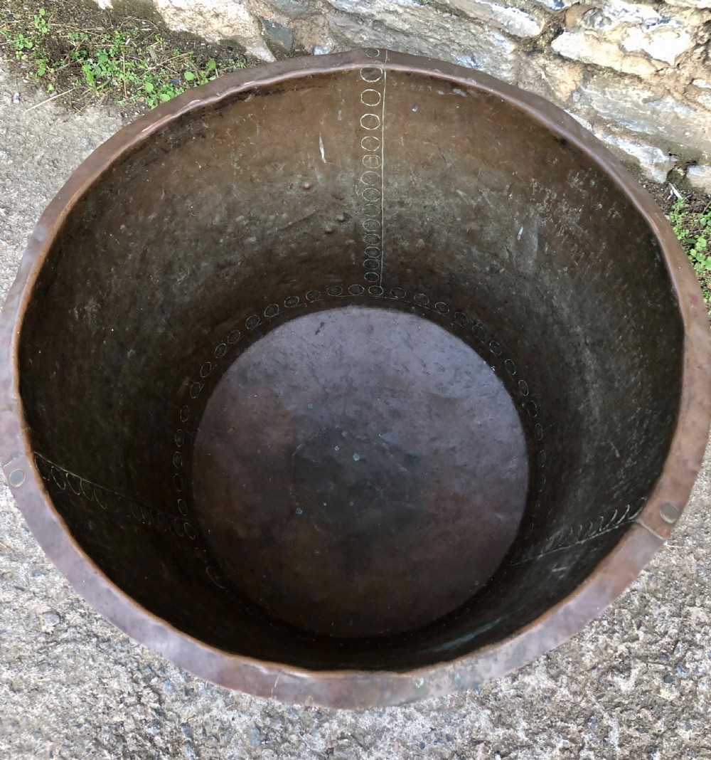 Large Antique Riveted Copper Boiler in Metal Stand View III