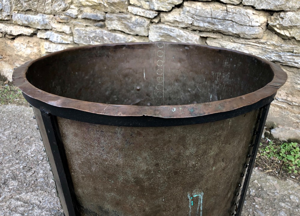 Large Antique Riveted Copper Boiler in Metal Stand View IV