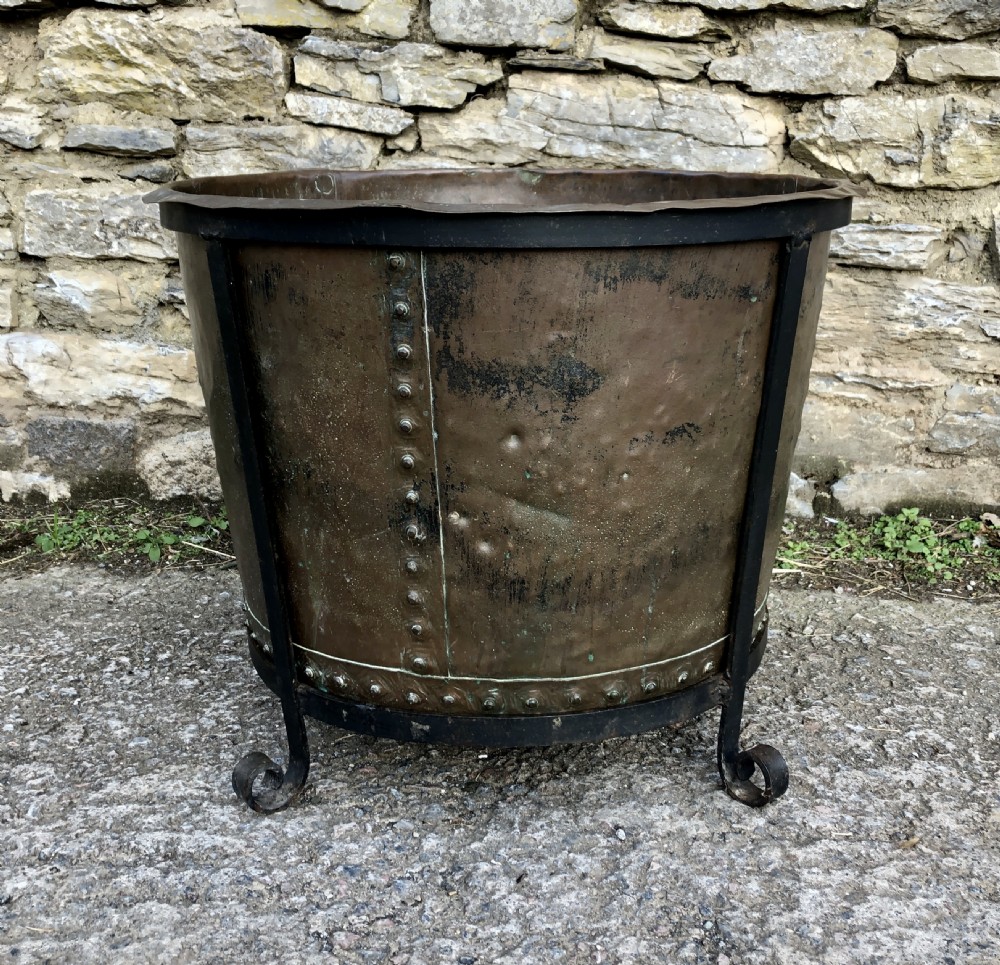 Large Antique Riveted Copper Boiler in Metal Stand View VII