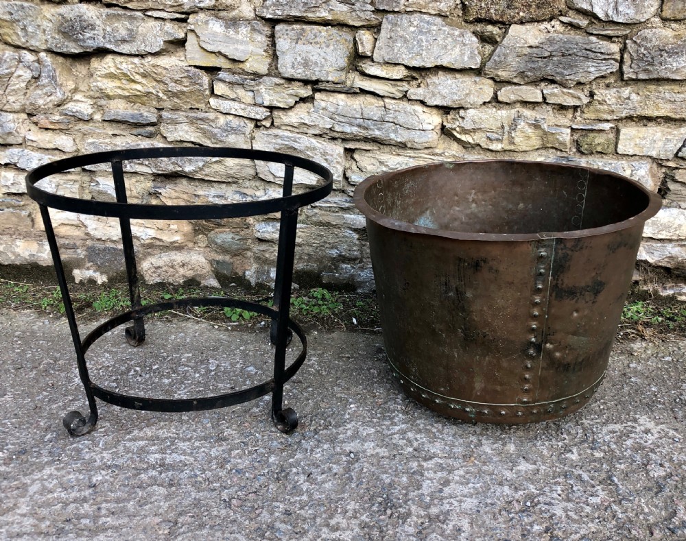 Large Antique Riveted Copper Boiler in Metal Stand View IX
