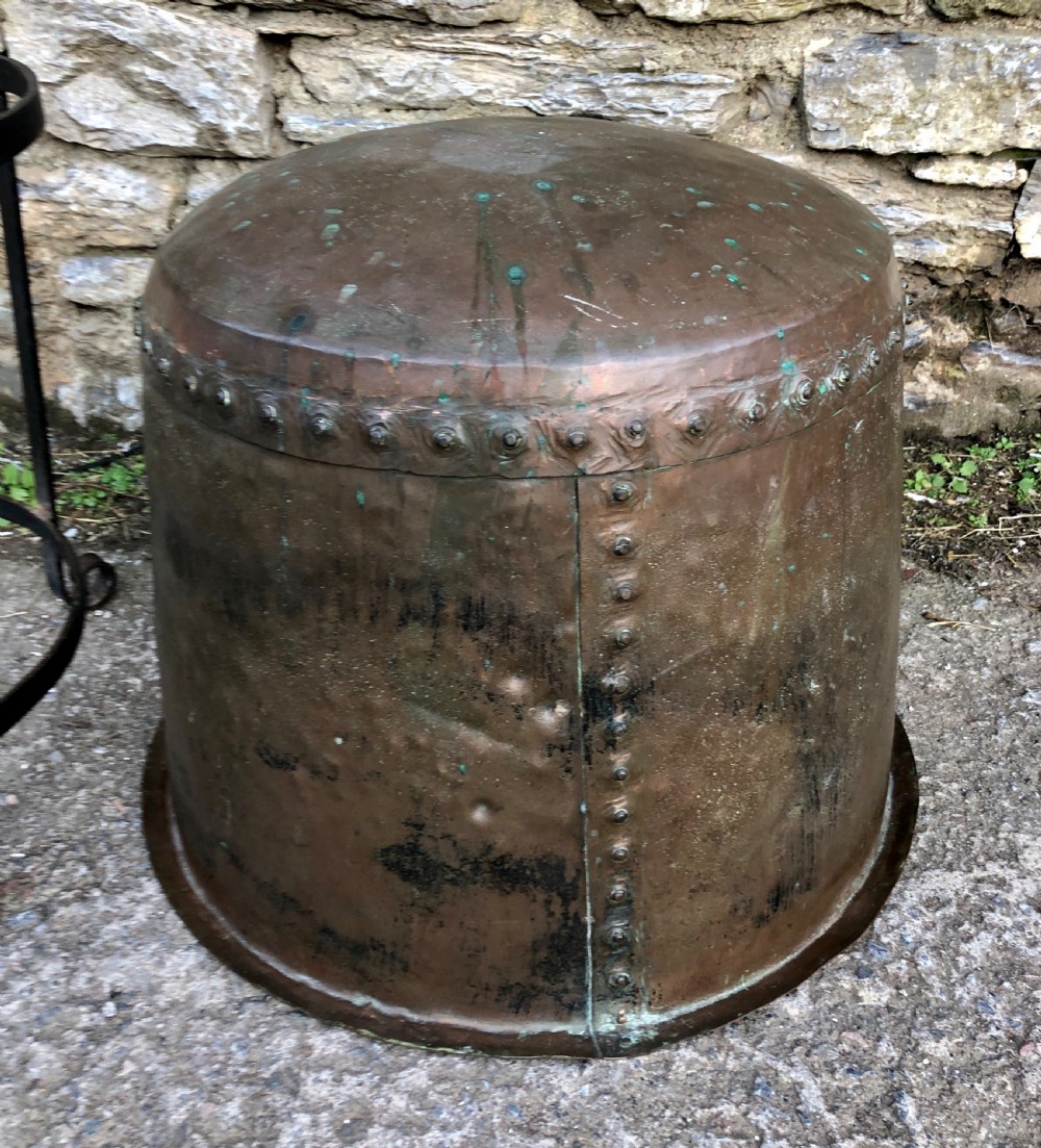 Large Antique Riveted Copper Boiler in Metal Stand View XI
