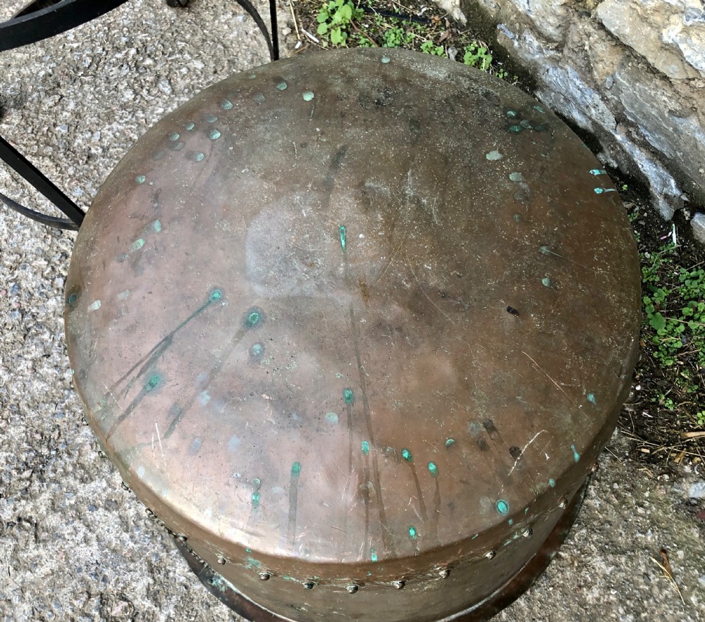 Large Antique Riveted Copper Boiler in Metal Stand View XII