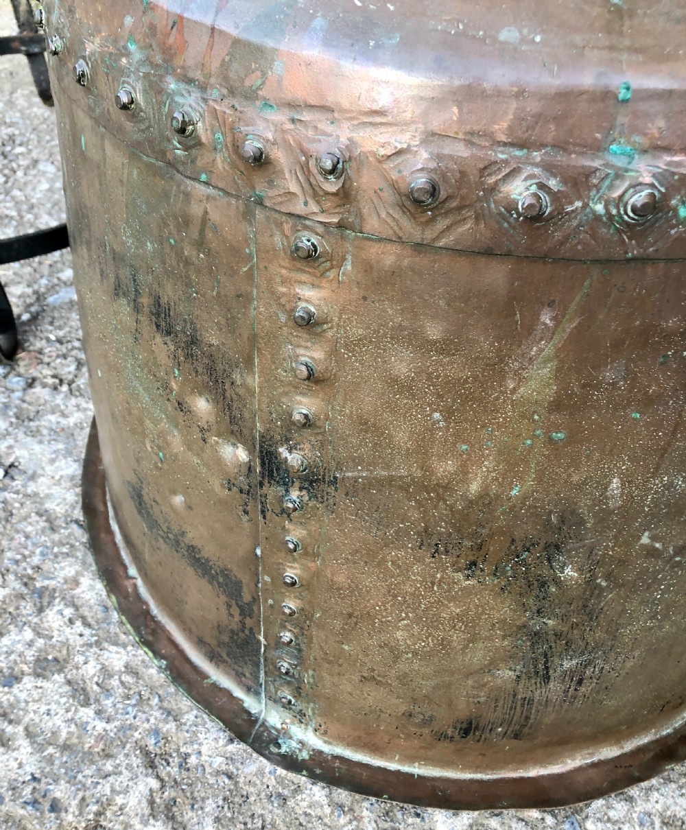 Large Antique Riveted Copper Boiler in Metal Stand View XIII
