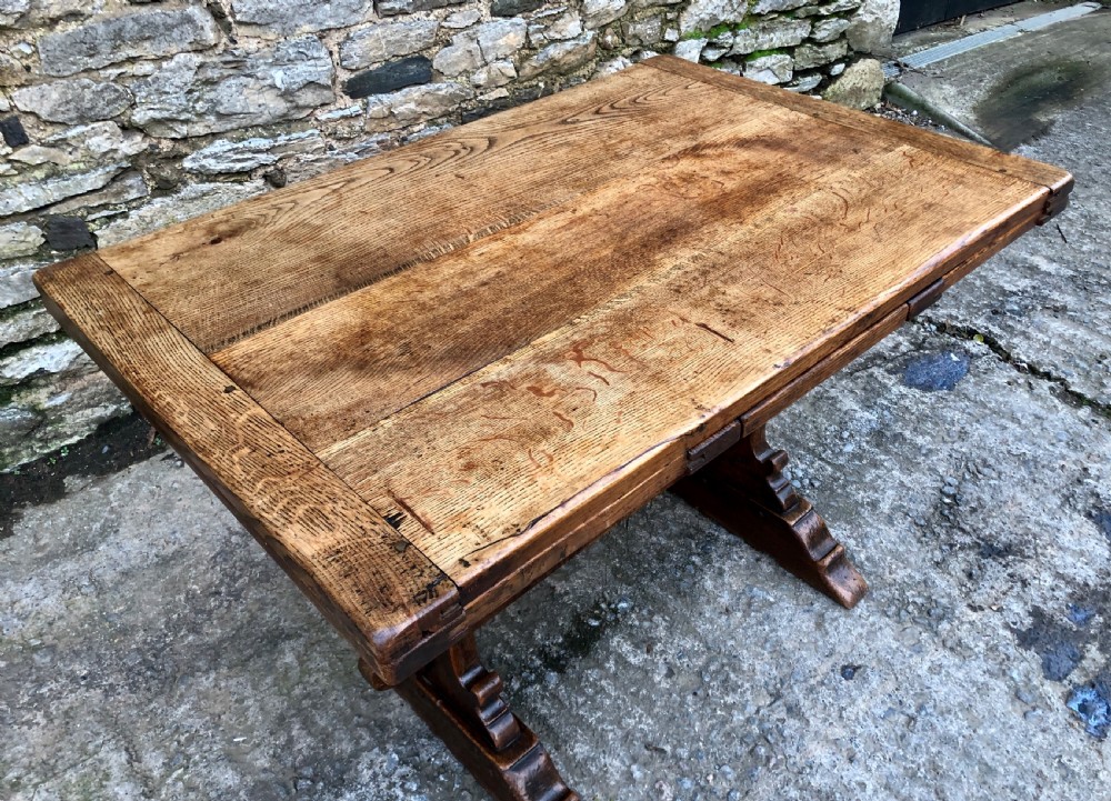 Antique Oak Draw Leaf Extending Refectory Table View XV