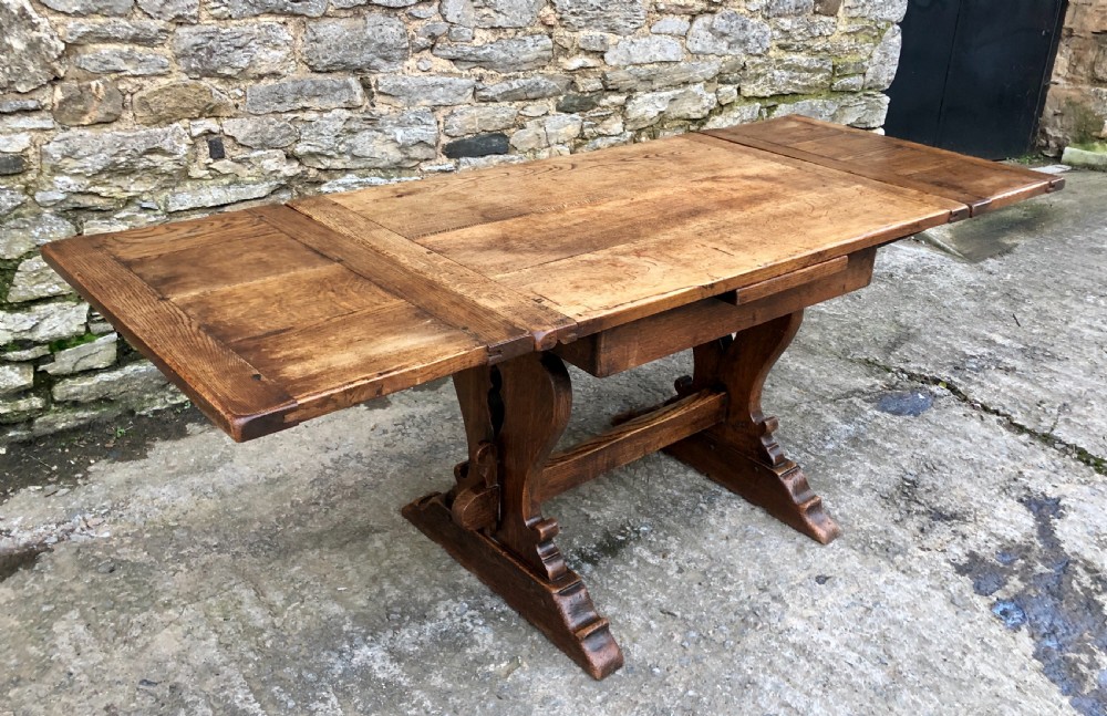 Antique Oak Draw Leaf Extending Refectory Table View XVIII