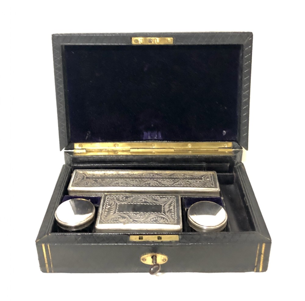 Antique Fitted Vanity Box with Silver Plated Pots