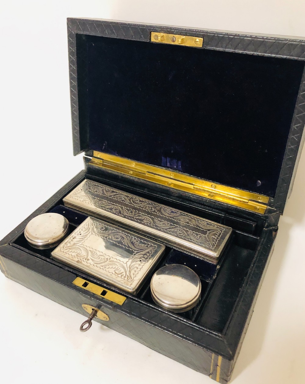 Antique Fitted Vanity Box with Silver Plated Pots View II
