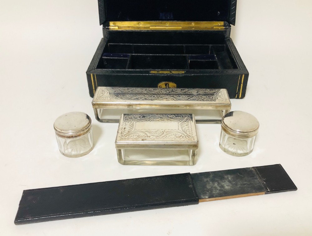Antique Fitted Vanity Box with Silver Plated Pots View V