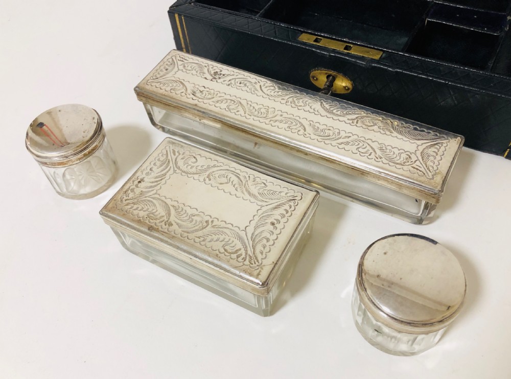 Antique Fitted Vanity Box with Silver Plated Pots View VI