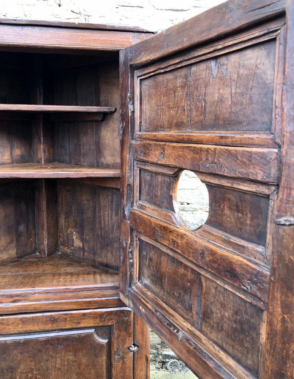 Antique Rustic Walnut Floor Standing Corner Cupboard View V