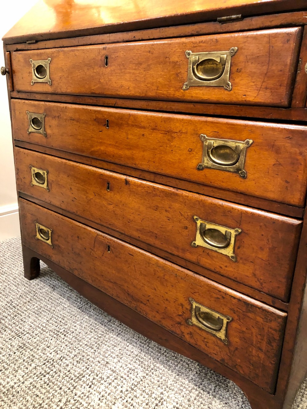 Antique Georgian Mahogany Bureau with Military Style Handles View VII