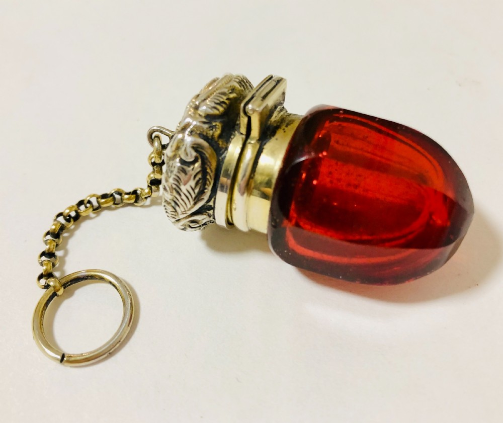 Antique Glass Scent Bottle Vinaigrette with Silver Gilt Chatelaine Chain