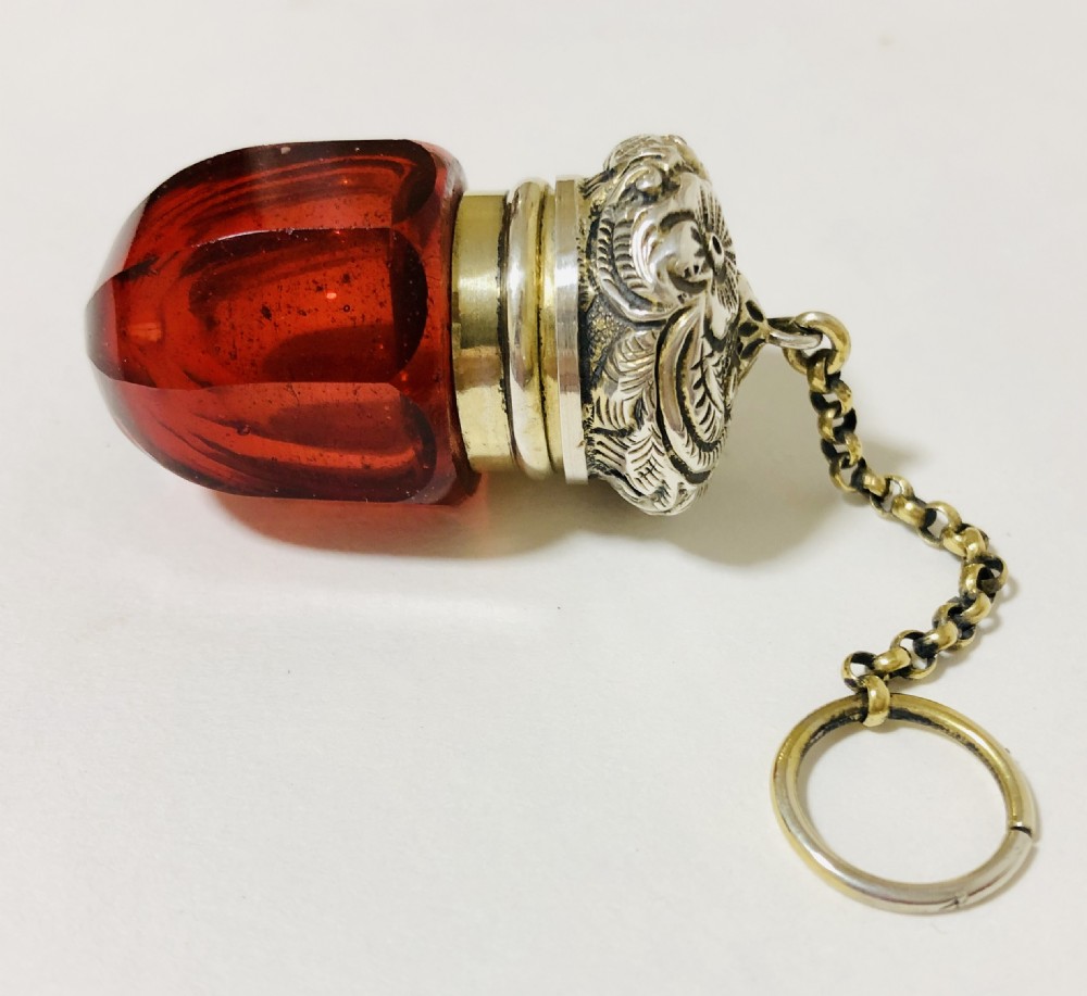 Antique Glass Scent Bottle Vinaigrette with Silver Gilt Chatelaine Chain View II