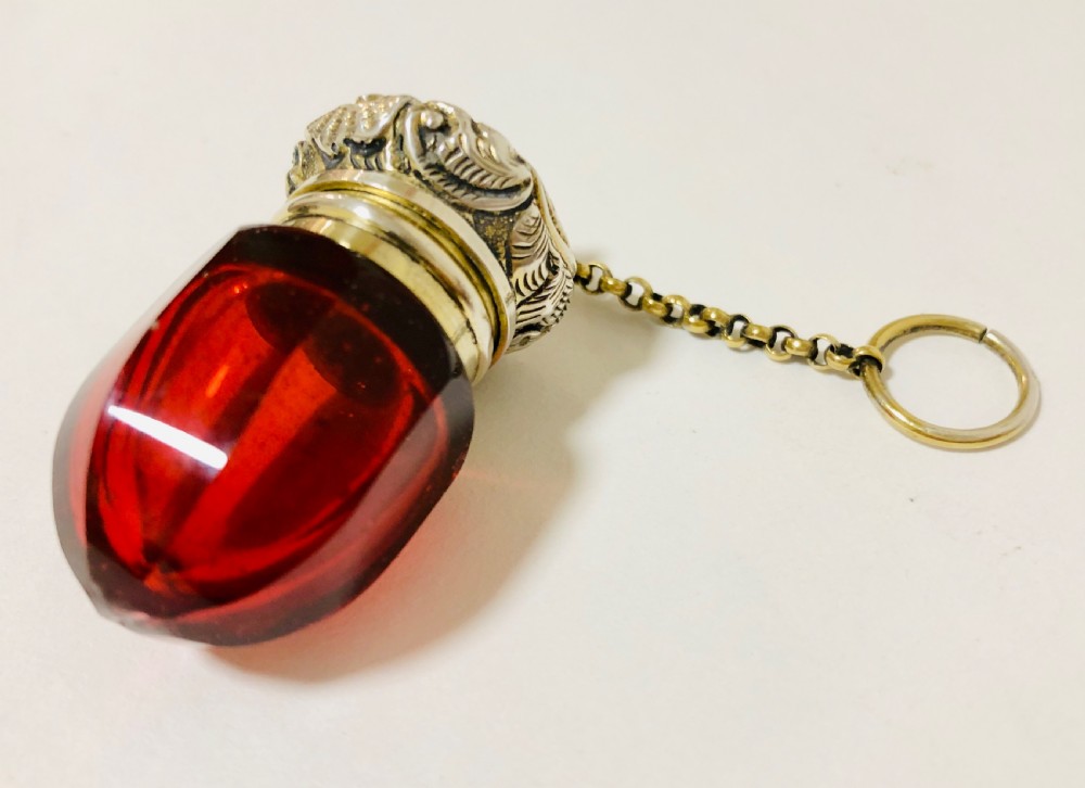 Antique Glass Scent Bottle Vinaigrette with Silver Gilt Chatelaine Chain View V