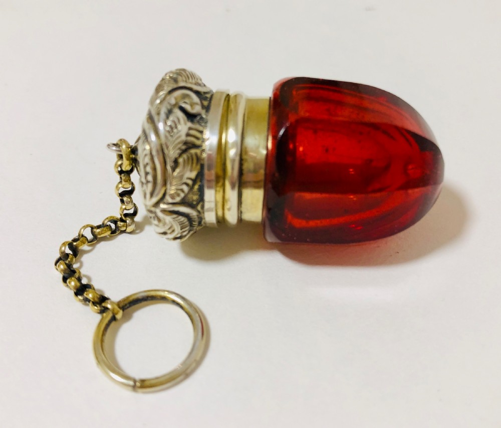 Antique Glass Scent Bottle Vinaigrette with Silver Gilt Chatelaine Chain View VI