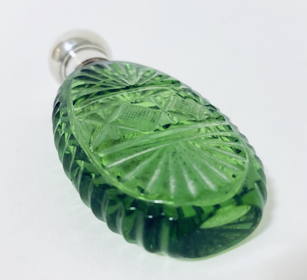 Antique Green Cut Glass Scent Bottle with Silver Top View VI