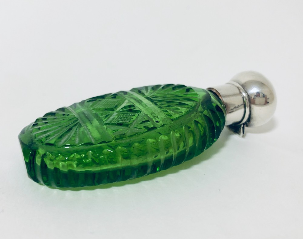 Antique Green Cut Glass Scent Bottle with Silver Top View VIII